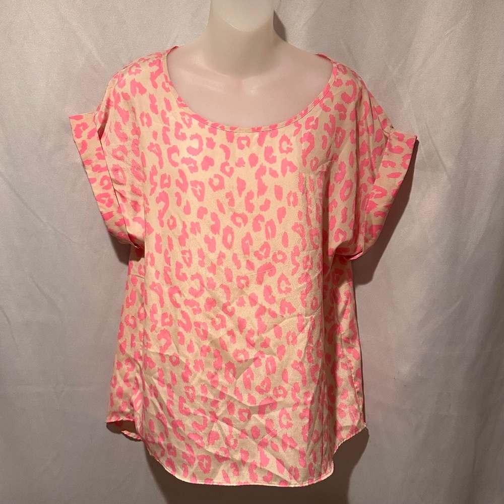 Womens Pink and White Leopard Print Chiffon Blouse Pullover Top Size M